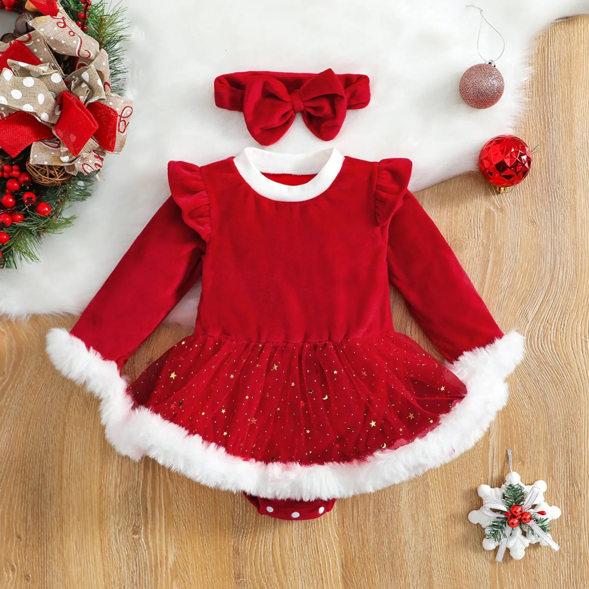 Baby Christmas Velvet Ruffle Romper - Baby Bubble Store