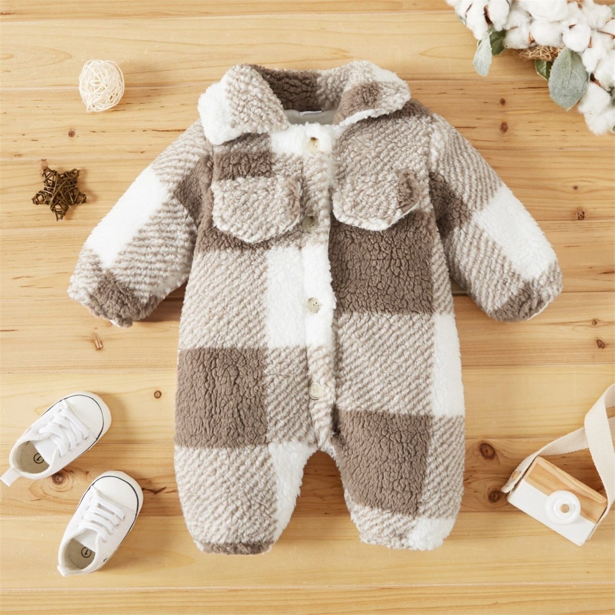 Baby Plaid Fluffy Fleece Long - sleeve Romper - Baby Bubble Store